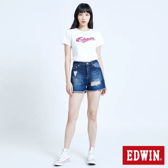 【EDWIN】女裝 拼貼破損加工短褲(中古藍)