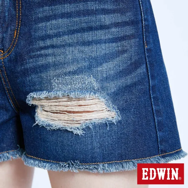 【EDWIN】女裝 拼貼破損加工短褲(中古藍)