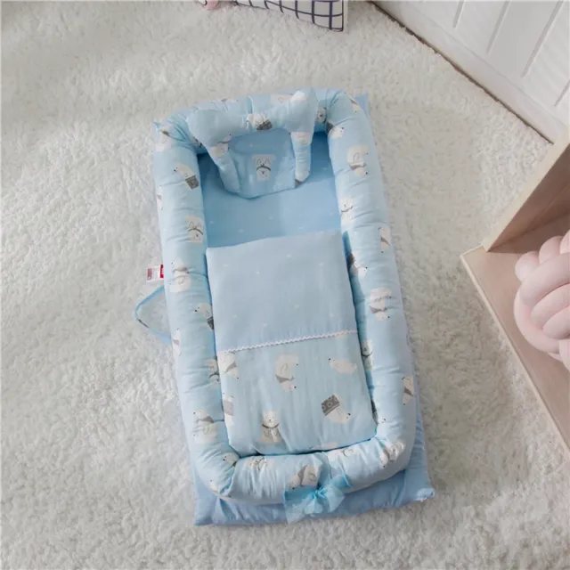 【Kori Deer 可莉鹿】便攜式可折疊純棉多功能床中床附被子-雙層紗貢緞(睡窩攜帶嬰兒床包外出旅行床遊戲墊)
