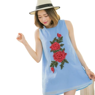 【lingling】皺感紗玫瑰刺繡貼布背心小洋裝PA3349(時尚藍)