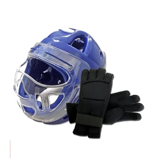 【輝武】全包式護頭面罩頭盔+五爪分離招式技擊手套二件組-藍(尺寸可選)