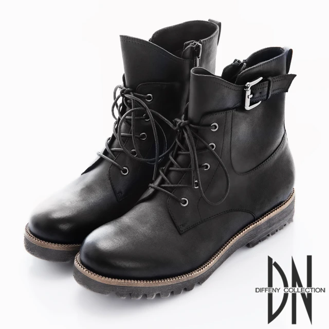 【DN】中性風格 綁帶美式拉鍊軍短靴(黑)