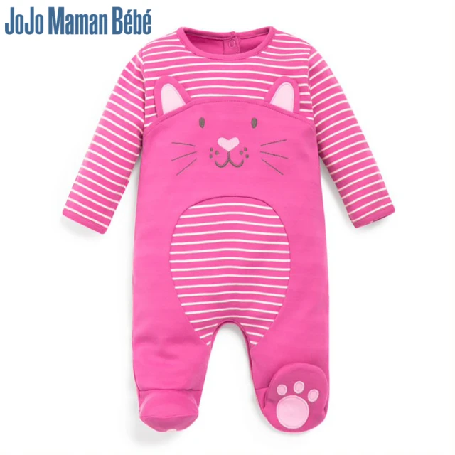 【JoJo Maman BeBe】嬰幼兒長袖純棉包腳連身衣_ 粉紅貓(JJGL-E1555)