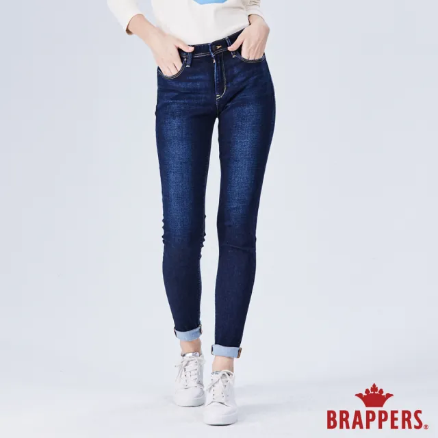 【BRAPPERS】女款 新美腳 ROYAL 系列-彈性中高腰後袋刺繡鑲鑽窄管褲(藍)