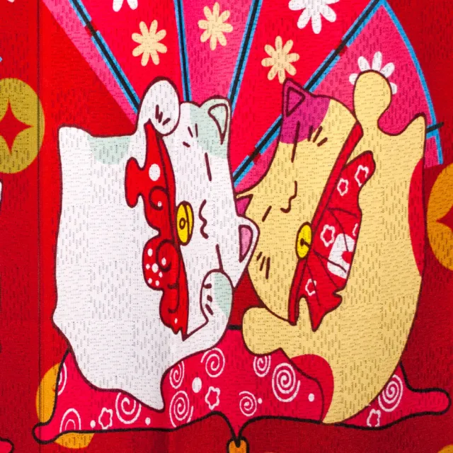 【LASSLEY】日本門簾-花開富貴 85X150cm(日式 和風 招財貓 雙開式 風水簾 一片式)