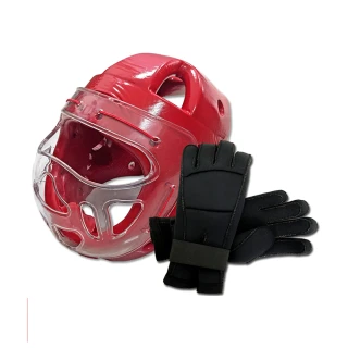【輝武】全包式護頭面罩頭盔+五爪分離招式技擊手套二件組-紅(尺寸可選)