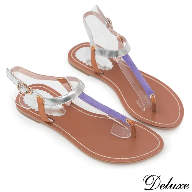 【Deluxe】夏日時尚繽紛撞色拼接T字夾腳涼鞋(藍黃☆銀紫)