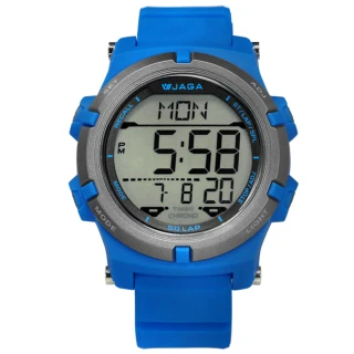 【JAGA 捷卡】電子運動 倒數計時 計時碼錶 鬧鈴 日常生活防水 橡膠手錶 藍色 47mm(M1192-E)