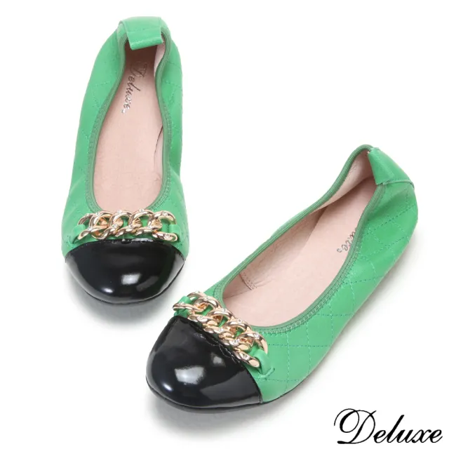 【Deluxe】全真皮優雅質感金屬鍊菱格紋娃娃鞋(綠☆米)