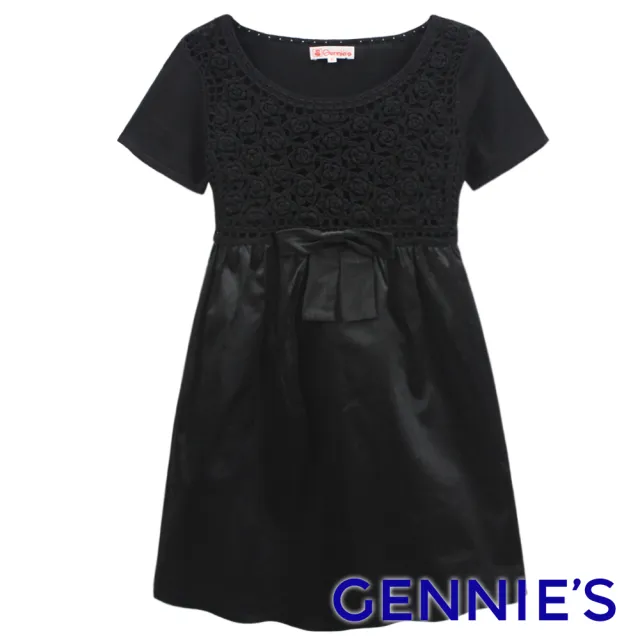 【Gennies 奇妮】花朵鏤空針織長版上衣-黑/香檳金(孕婦裝 舒適 蝴蝶結 綁帶)