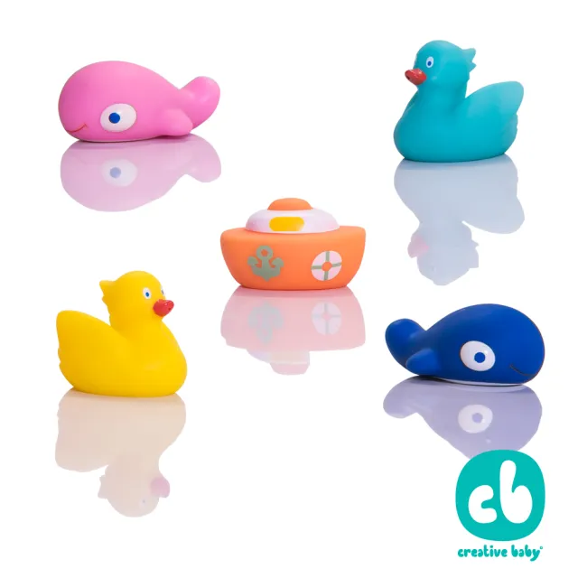 【Creative Baby 創寶貝】噴水洗澡玩具（5入）一組+小黃鴨電動花灑洗澡玩具(3歲以上寶貝最愛)