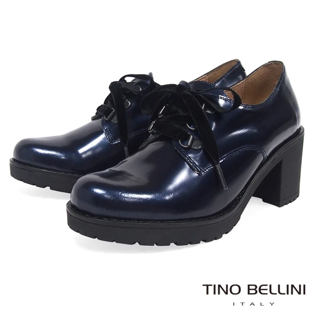 【TINO BELLINI 貝里尼】西班牙進口珠光元素綁帶粗跟鞋A79021A(炫光藍)