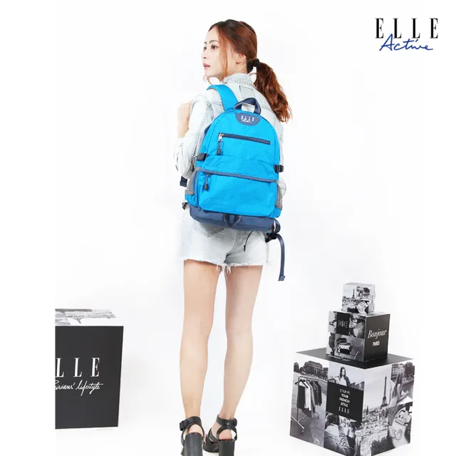 【ELLE active】格紋系列-後背包-中-深藍色