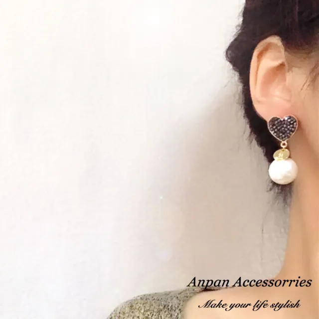 【Anpan】韓CHIC復古極簡風心型水鑽珍珠耳釘耳環-墨綠