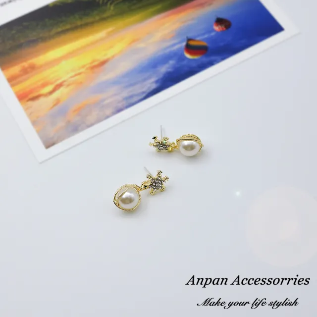 【Anpan】925銀針韓東大門網紅同款雪花鑽釘珍珠金線耳環