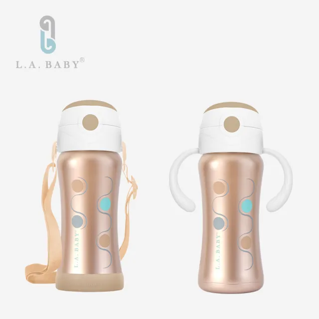【L.A. Baby】保溫保冷雙層316不鏽鋼兒童揹帶保溫瓶水壺組(極光藍 玫瑰紅 珍珠白 閨蜜粉 香檳金 紫羅蘭)