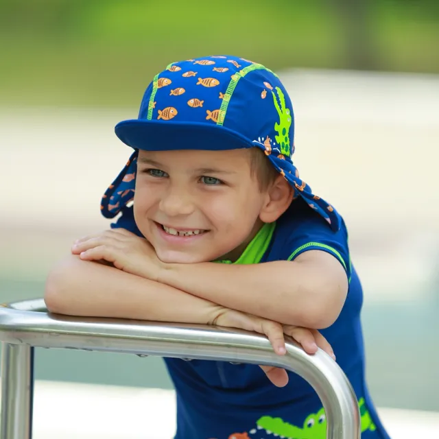 【Playshoes】嬰兒童抗UV防曬水陸兩用遮頸帽-鱷魚(護頸遮脖遮陽帽泳帽)