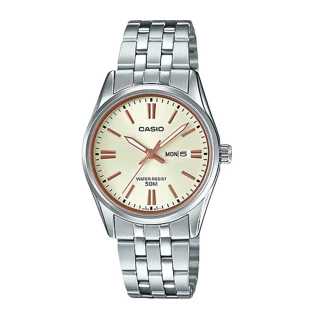 【CASIO 卡西歐】氣質石英指針女錶 不鏽鋼錶帶 米黃面 防水50米(LTP-1335D-9A)