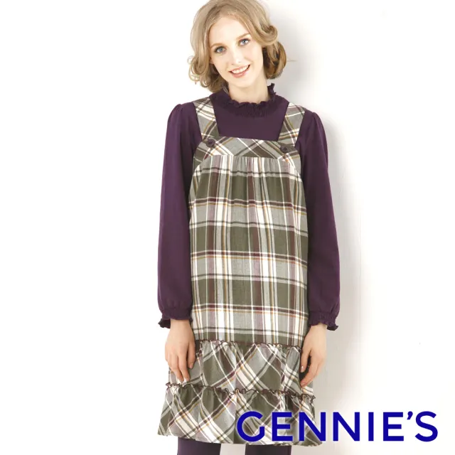 【Gennies 奇妮】經典格紋無袖洋裝-綠格(孕婦裝 寬肩帶 拉鍊 綁帶 層次衣襬)