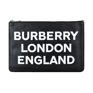 【BURBERRY 巴寶莉】BURBERRY白字LOGO牛皮6卡拉鍊手拿包(黑)