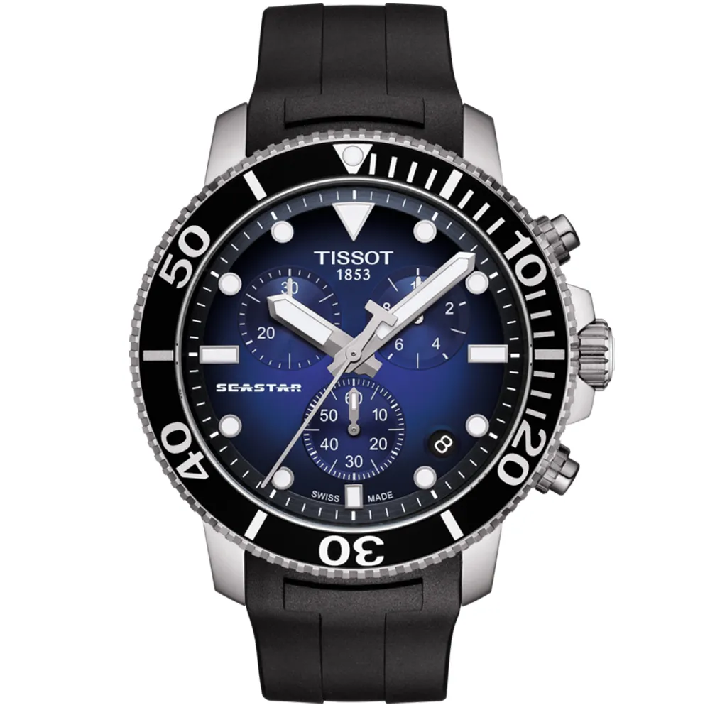 【TISSOT 天梭 官方授權】Seastar 1000海洋之星水鬼300米潛水三眼計時錶-45mm/藍x黑 禮物(T1204171704100)