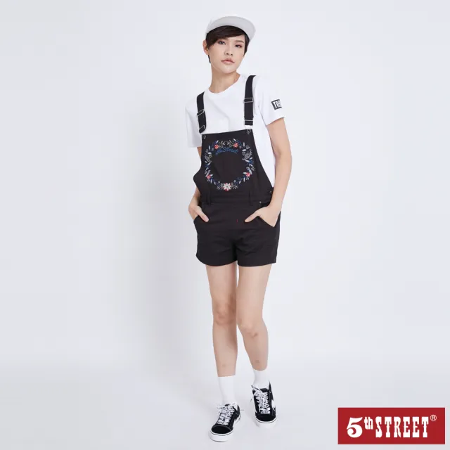 【5th STREET】雙11 女繽紛繡休閒吊帶短褲-黑色