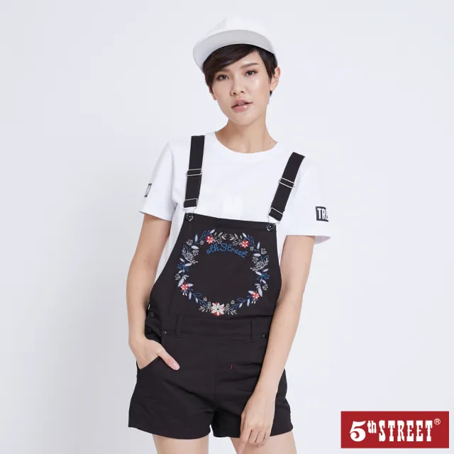 【5th STREET】雙11 女繽紛繡休閒吊帶短褲-黑色
