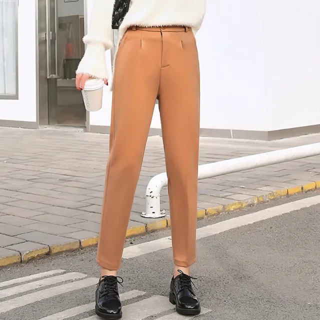 【WHATDAY】現貨-玩美衣櫃韓版高腰褶皺彈性純色西裝直筒褲S-3XL(共三色)