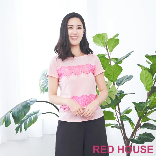 【RED HOUSE 蕾赫斯】蕾絲印花珠珠T恤(粉色)