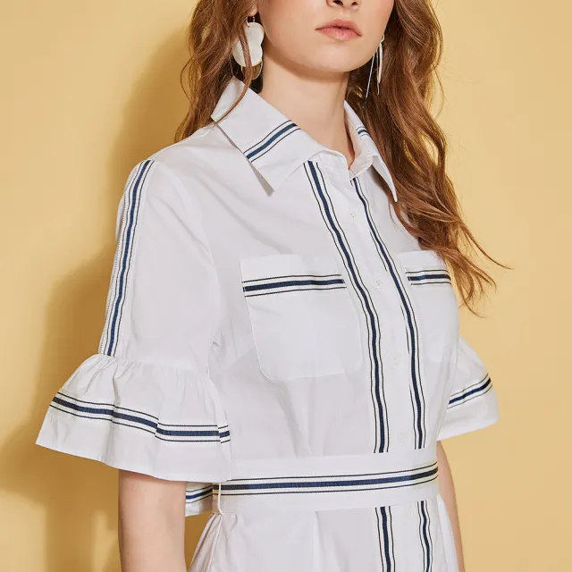 【ICHE 衣哲】時尚荷葉拼接撞色勾勒造型襯衫洋裝-質感白