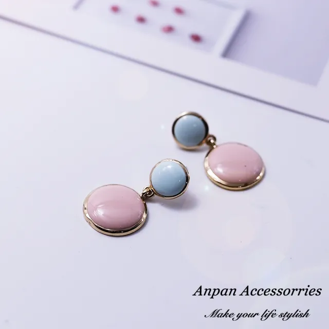 【Anpan】日韓初春撞色百搭圓型耳墜式耳環_藍粉