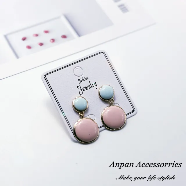 【Anpan】日韓初春撞色百搭圓型耳墜式耳環_藍粉