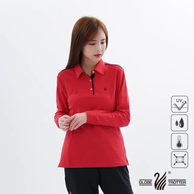 【遊遍天下】女款抗UV防曬涼感吸濕排汗機能長袖POLO衫GL1033紅黑(M-5L)