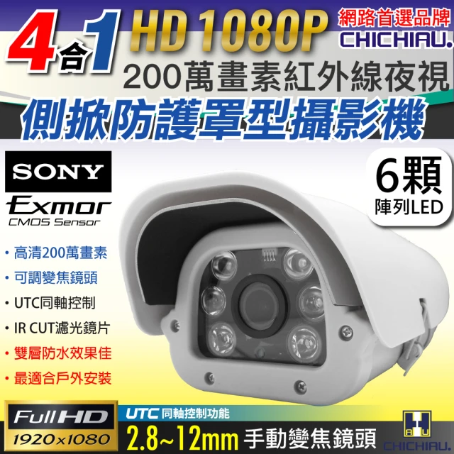 CHICHIAU 四合一 1080P SONY 200萬/類比2000條雙模切換六陣列燈夜視防護罩型2.8-12mm變焦鏡頭攝影機