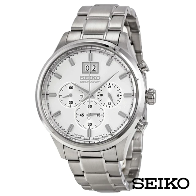 【SEIKO 精工】潔白生活提案三眼石英腕錶-白面x42.5mm(SPC079P1)