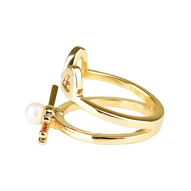 【KATE SPADE】kate spade經典貓咪設計珍珠鑲飾雙環戒指(金)