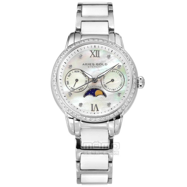 【ARIES GOLD】月相錶 藍寶石水晶玻璃 日期星期 陶瓷不鏽鋼手錶 銀白色 34mm(L58010LS-MP)