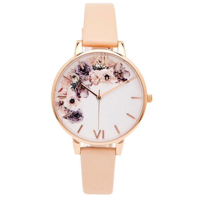 Olivia Burton 華麗花香皮革錶帶手錶-白面X粉橘色/38mm(OB16PP30)