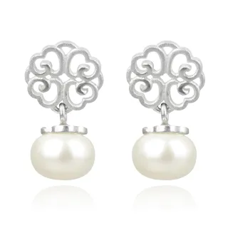 【A+】蕾絲朵朵垂吊珍珠 990足銀耳環-中國白銀集團系列