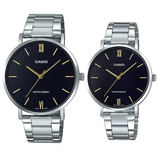 【CASIO 卡西歐】簡約指針對錶 不鏽鋼錶帶 黑色錶面 日常生活防水(MTP-VT01D-1B+LTP-VT01D-1B)