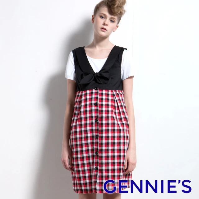 【Gennies 奇妮】010系列-V領格紋拼接背心洋裝(紅黑/紅灰T2104)