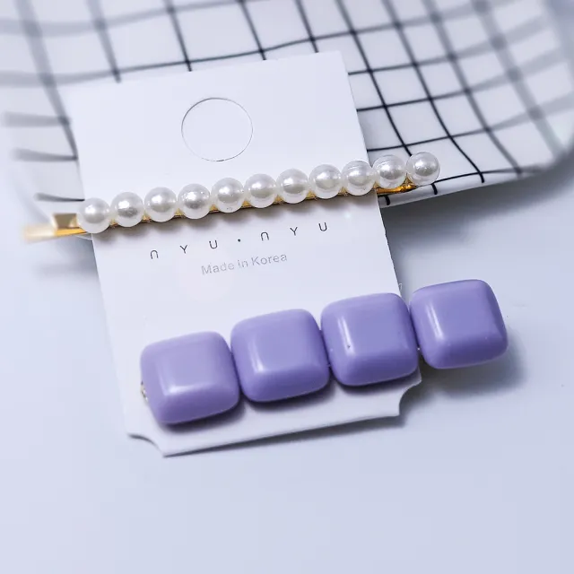 【Anpan】韓東大門珍珠方塊一字邊夾鴨嘴髮夾二入組-紫色方塊