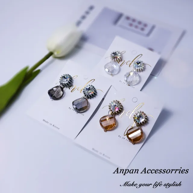 【Anpan】925銀針韓東大門波西米亞彩色透明水晶耳環-透明水晶