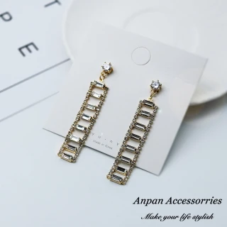 【Anpan】韓東大門氣質階梯水晶鑽石垂墜耳針式耳環