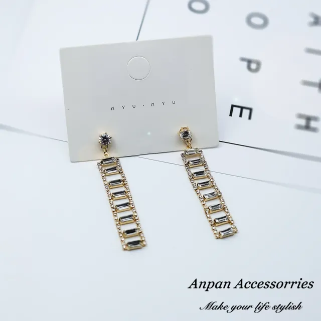 【Anpan】韓東大門氣質階梯水晶鑽石垂墜耳針式耳環