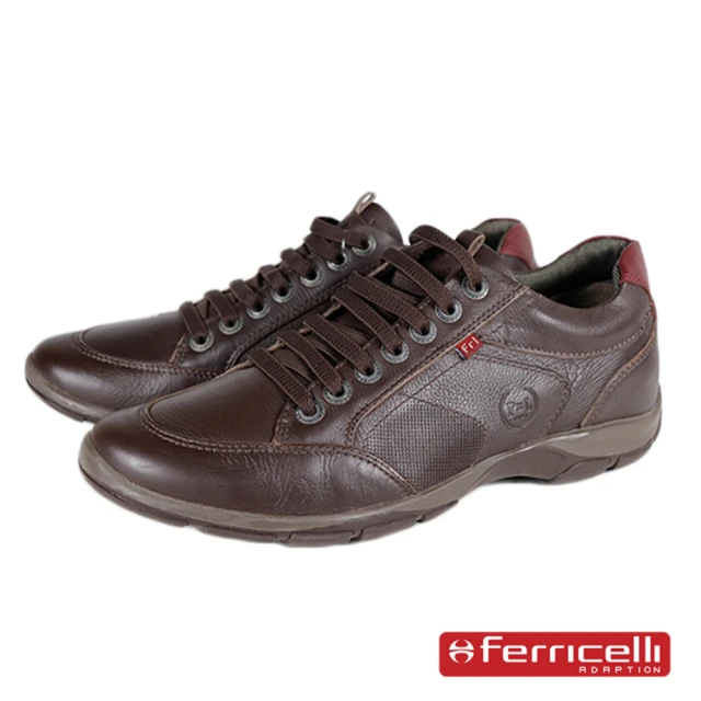 【Ferricelli】經典牛皮綁帶緩衝彈性墊休閒運動鞋(深咖啡 F42526-COF)