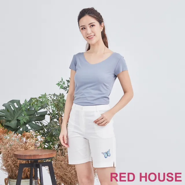【RED HOUSE 蕾赫斯】蝴蝶貼布繡休閒短褲(白色)