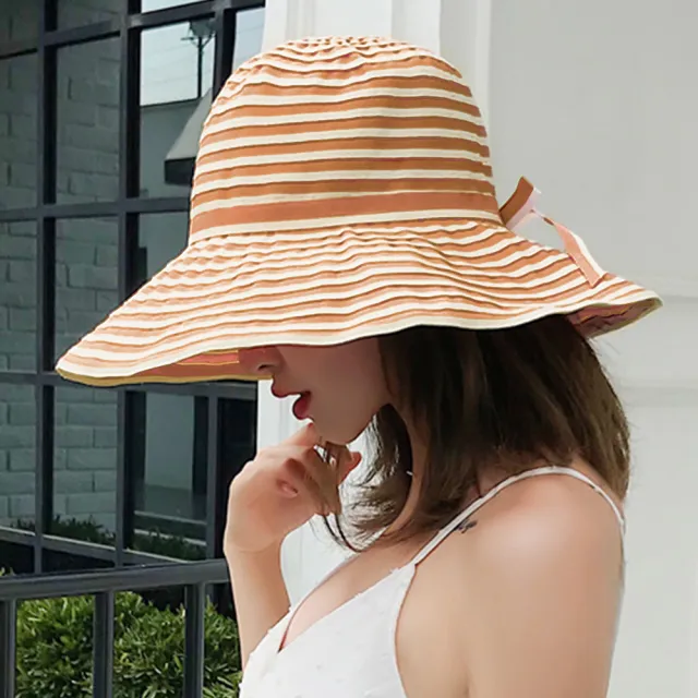 【幸福揚邑】夏日浪漫條紋大帽檐抗UV防紫外線可摺疊遮陽帽(淺藍、深藍、黑、卡其、粉)