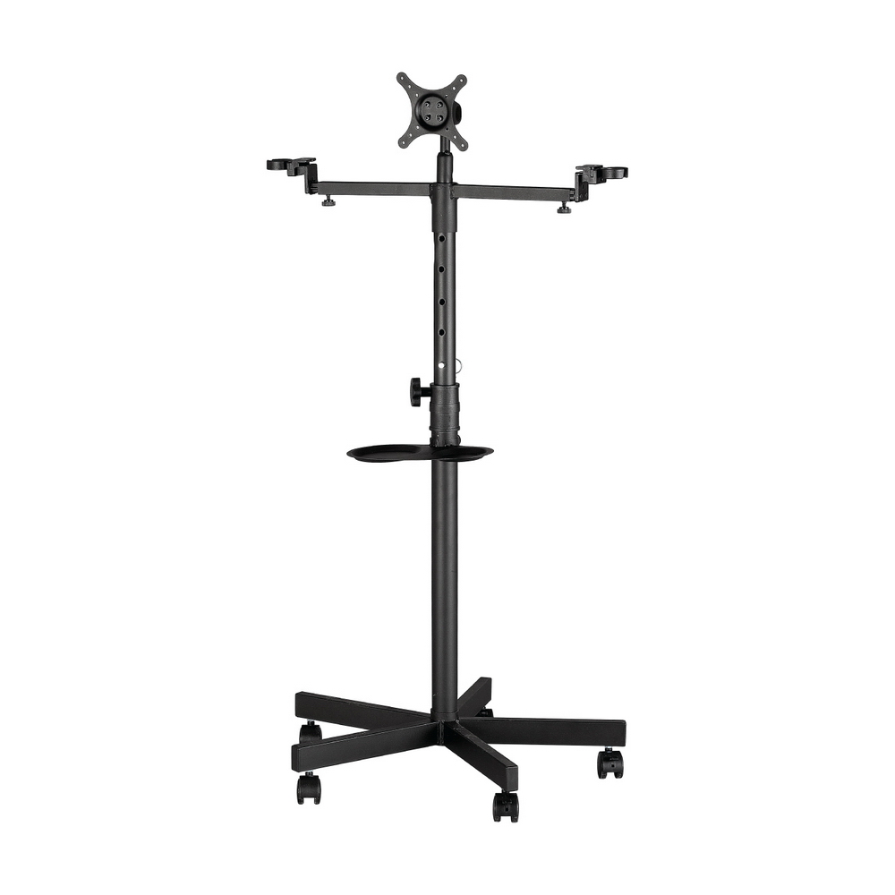 HE MS2010 移動式顯示器支架，來自 Mountor 品牌，適合 24 型與 32 型螢幕，承重 21kg 至 25kg。提供 5 年全機保固（不含消耗品如滾輪、剎車輪），保固依原廠規範。配件包含全配螺絲組（顯示器 M4/M5/M6 長短各一組）及產品分解與配件圖，安裝便捷，適合辦公與居家使用，提升空間靈活性。