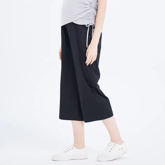 【Gennies 奇妮】俐落高棉八分寬褲-黑(孕婦褲 八分褲 寬版 雙口袋 一體成型 無痕褲頭)